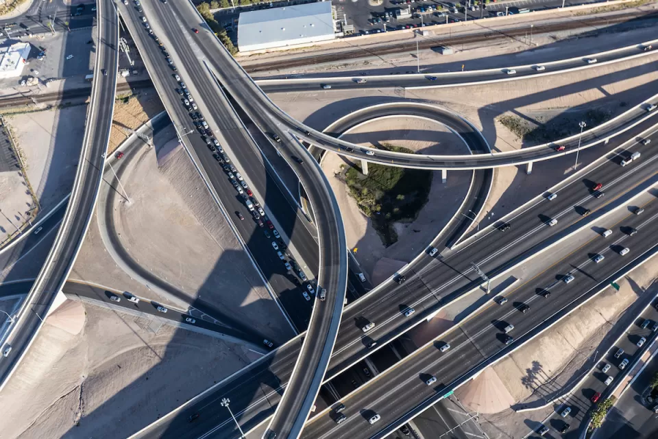 Aerial view of freeway interchange in downtown Las Vegas
